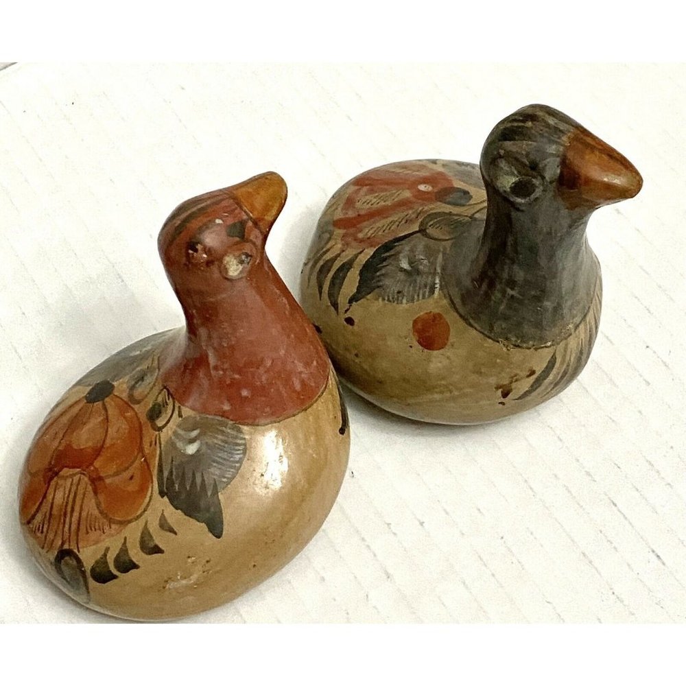 Tonala Folk Art Pottery Birds‎ small Mexico Hand Painted Pair 2
